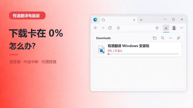 浏览器下载面板显示有道翻译 Windows 安装包停在0%和0 B/s