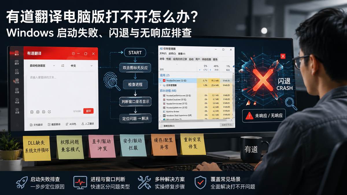 有道翻译电脑版打不开怎么办？Windows 启动失败、闪退与无响应排查