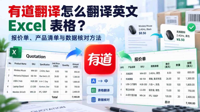 有道翻译电脑版英文 Excel 表格翻译教程封面，展示报价单、产品清单和数据核对主题