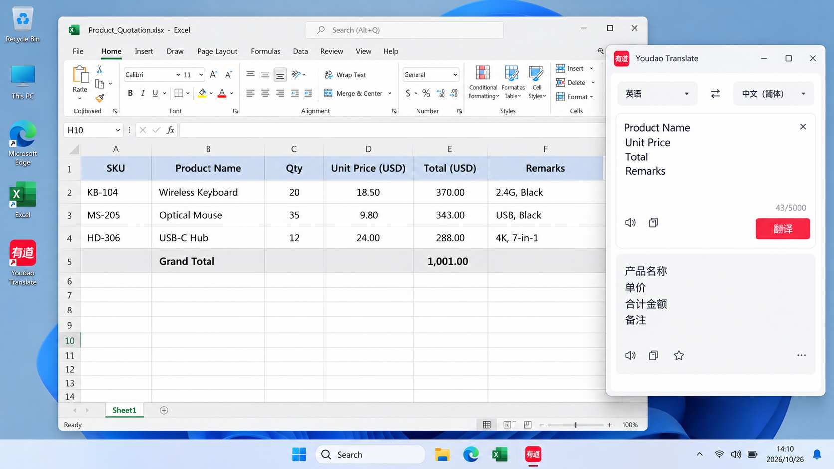 Windows 桌面展示英文 Excel 报价单与有道翻译界面，对照产品名称、数量、美元单价和总金额